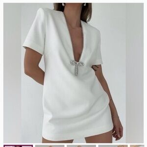Rumored White Mini Dress Rhinestone Bow NWT